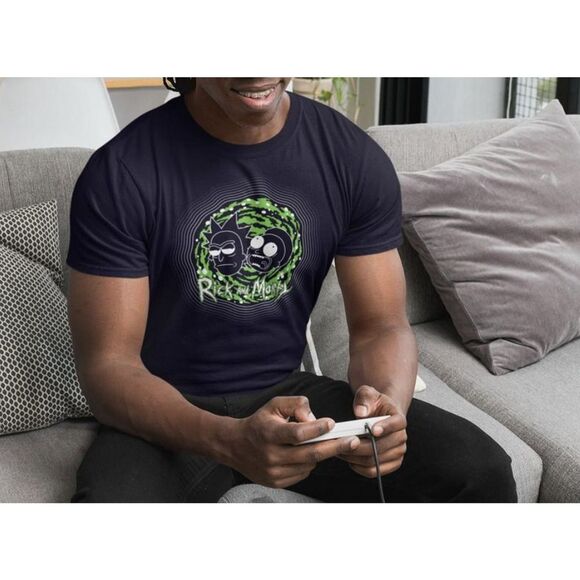 Rick and Morty Mens Shirt Green Portal Outline Unisex T-Shirt Navy XL 2XL NWT - Picture 2 of 12